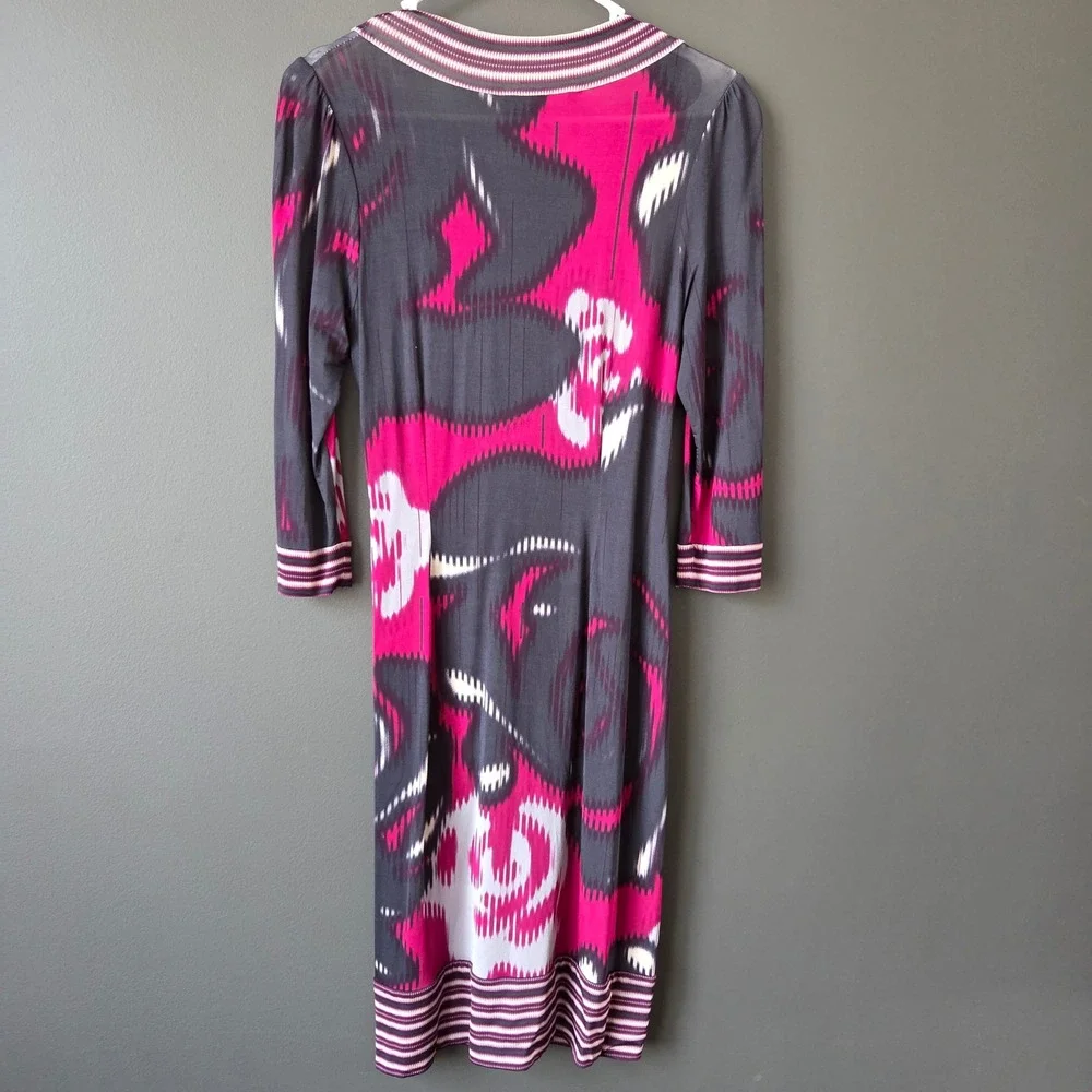 BCBGMAXAZRIA Women's Size S Pink Gray Ikat Print Draped Twist Front Midi‎ Dress